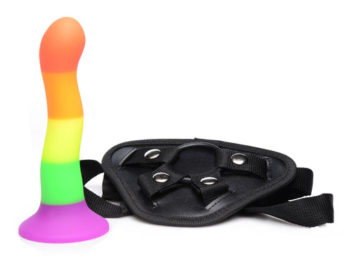 Proud Rainbow Silicone Dildo With Harness - Tickle My Pickle 