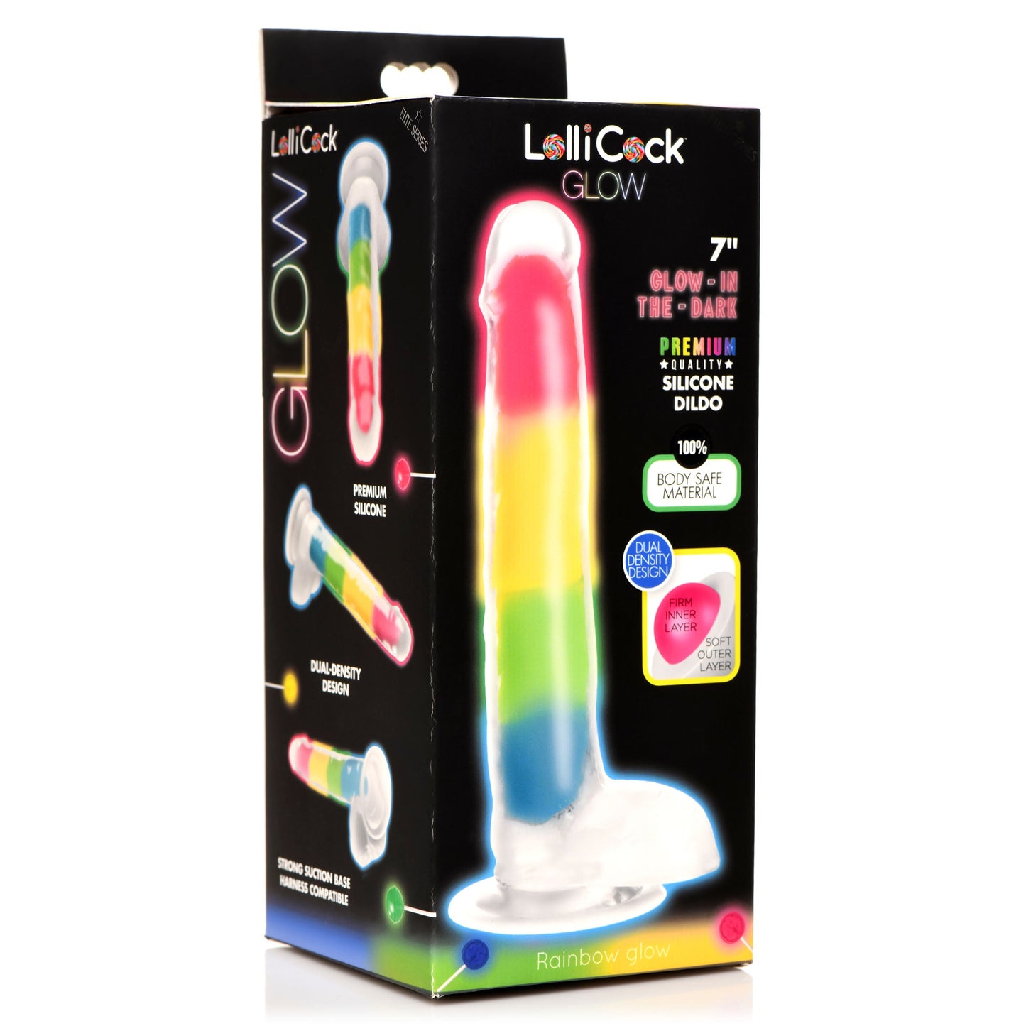 7 Inch Glow-in-the-Dark Rainbow Silicone Dildo with Balls - Tickle My Pickle 