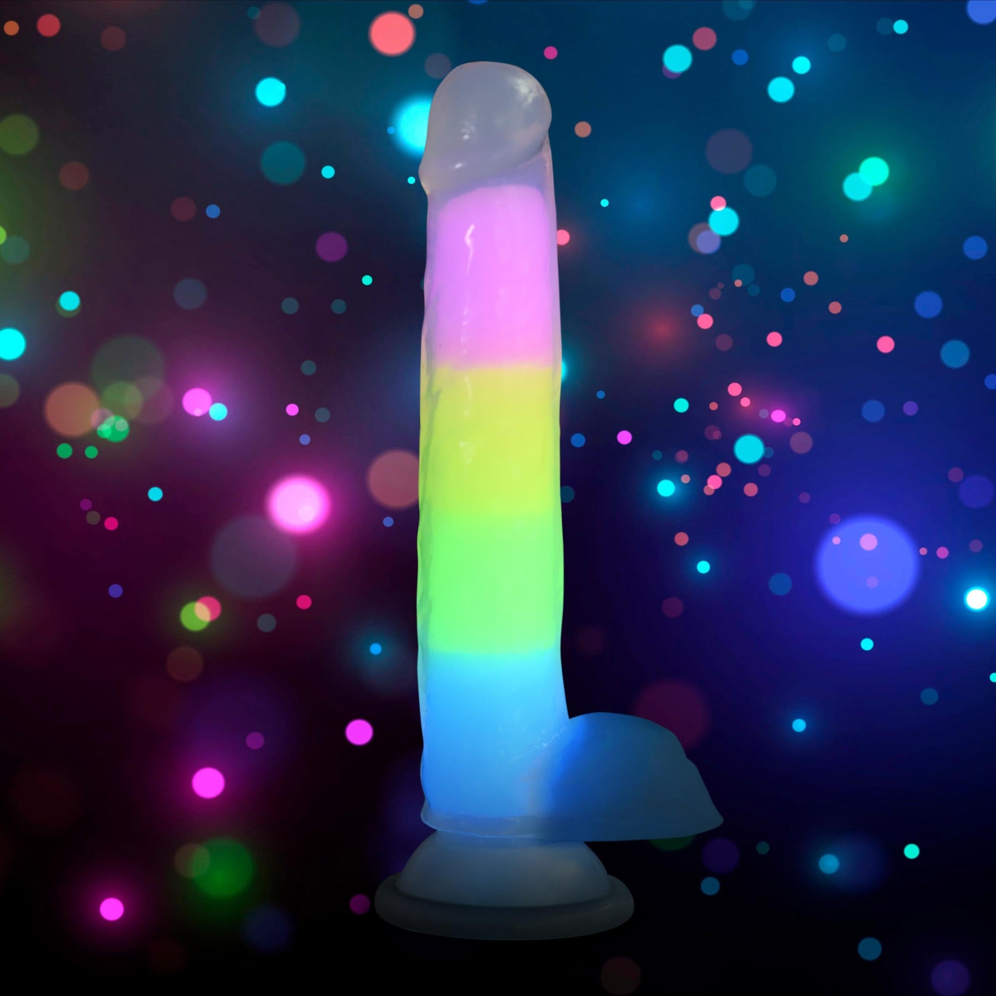 7 Inch Glow-in-the-Dark Rainbow Silicone Dildo with Balls - Tickle My Pickle 