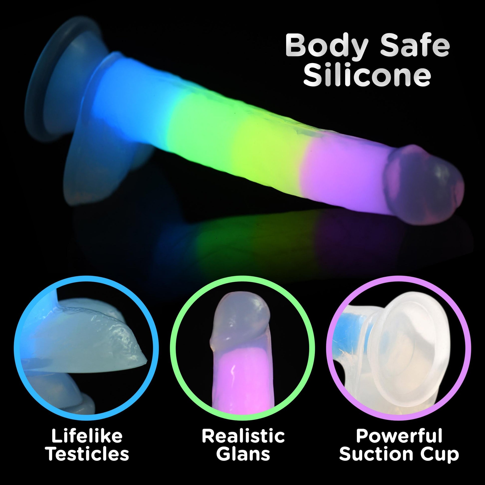 7 Inch Glow-in-the-Dark Rainbow Silicone Dildo with Balls - Tickle My Pickle 